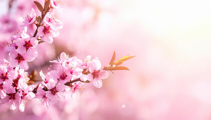 Obraz premium Branch of delicate pink cherry blossoms in full bloom is bathed in soft sunlight, creating serene and dreamy atmosphere. blurred background enhances focus on flowers