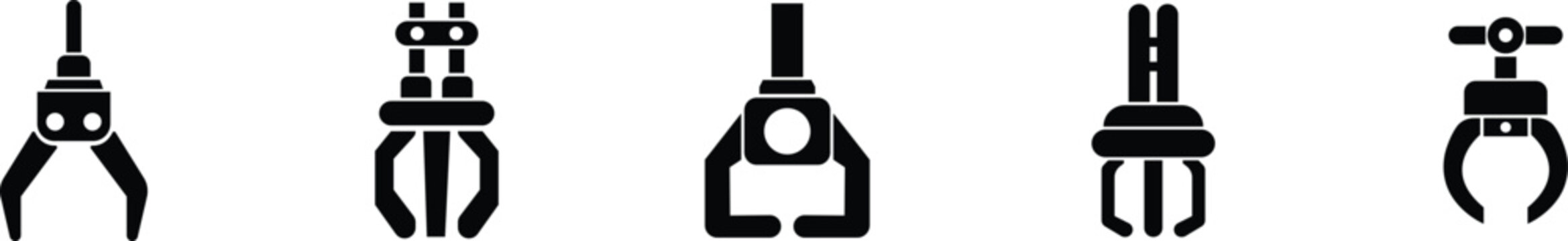 Grabber Robotic Arm Icon Set, Industrial Claw, Mechanical Hand, Automation Tool, Factory Robot, and Engineering Machine Symbol Collection and Group Vector in Black Color Flat Style