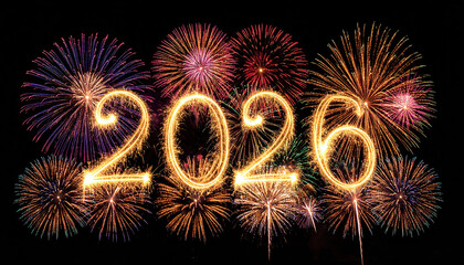 Vibrant display of colorful fireworks illuminates night sky, with year 2026 written in sparkling light at center, creating festive and celebratory atmosphere