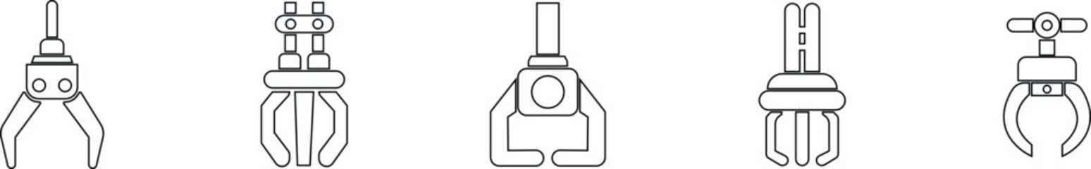 Grabber Robotic Arm Icon Set, Industrial Claw, Mechanical Hand, Automation Tool, Factory Robot, and Engineering Machine Symbol Collection and Group Vector in Black Color Line Style