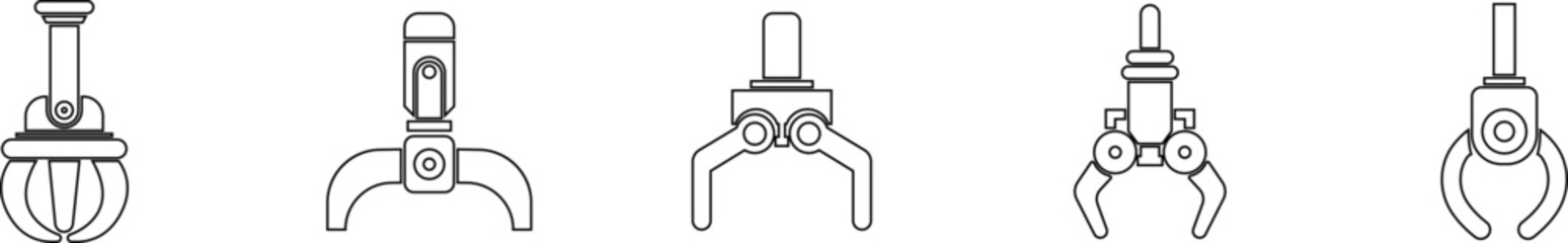 Grabber Robotic Arm Icon Set, Industrial Claw, Mechanical Hand, Automation Tool, Factory Robot, and Engineering Machine Symbol Collection and Group Vector in Black Color Line Style