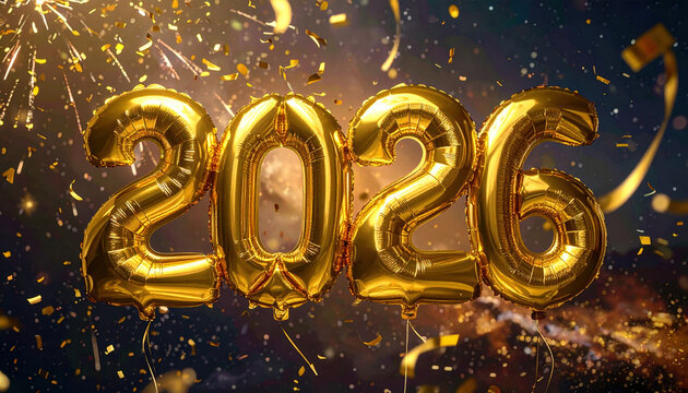 Golden balloons shaped as numbers 2026 float against festive background with fireworks and confetti, creating celebratory atmosphere