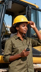 Professional Black woman in a hard hat at a construction site. Vertical portrait of a female engineer with a walkie-talkie next to heavy machinery.