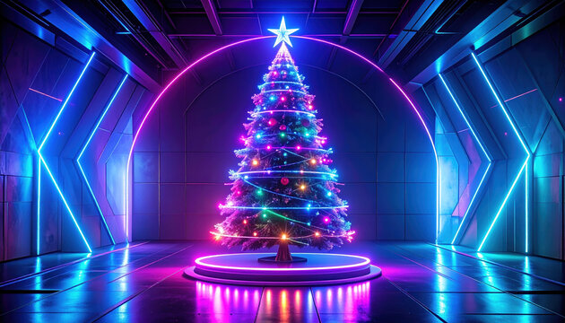 Vibrant Christmas tree adorned with colorful lights stands in futuristic setting, surrounded by neon arches and glowing decorations, creating festive and modern atmosphere - Powered by Adobe