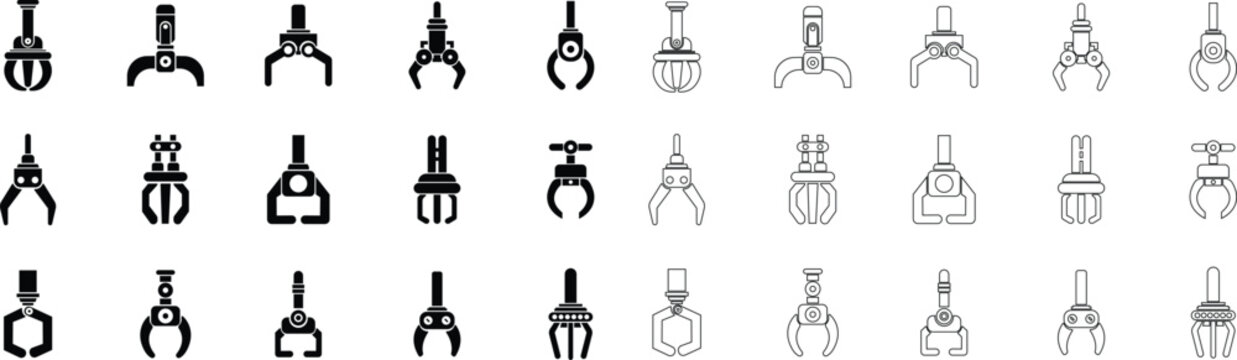 Grabber Robotic Arm Icon Set, Industrial Claw, Mechanical Hand, Automation Tool, Factory Robot, and Engineering Machine Symbol Collection and Group Vector in Black Color Flat and Line Style