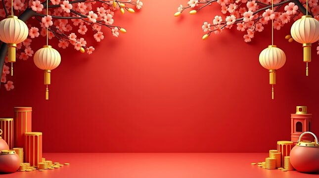 Chinese new year backdrop with lanterns, blossoms, coins, festive