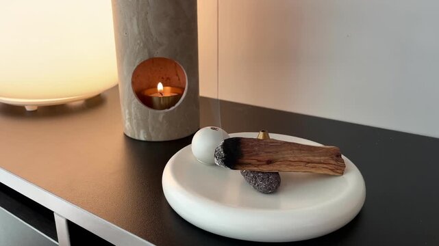 Burning incense wood for relaxation &ndash; aromatic smoke rising in cozy home interior with warm calm atmosphere
