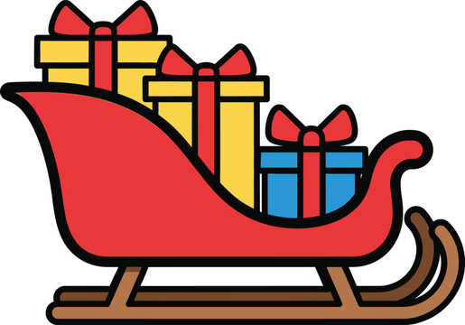 Simple cartoon icon of a traditional winter sleigh loaded with presents, representing a festive delivery and the spirit of giving