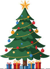 Festive illustration of a traditional decorated Christmas tree with a bright star topper and colorful wrapped gift boxes underneath