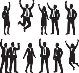 "Business Professionals Celebrating Success – Motivational Silhouette Vector Set"