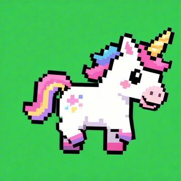 Cute pixel 8bit cartoon unicorn with rainbow mane and golden horn on green screen chroma key background, magical fantasy animal design perfect for sticker, emoji, or animation.
