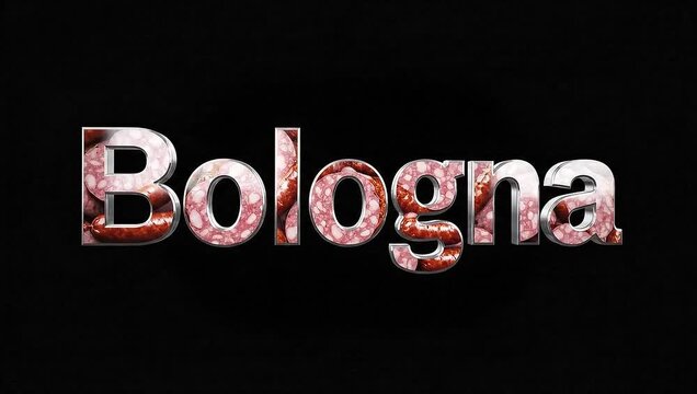 Bold graphic text of the word 'Bologna' intricately designed with a realistic processed meat texture, set against a stark black background, emphasizing savory culinary themes