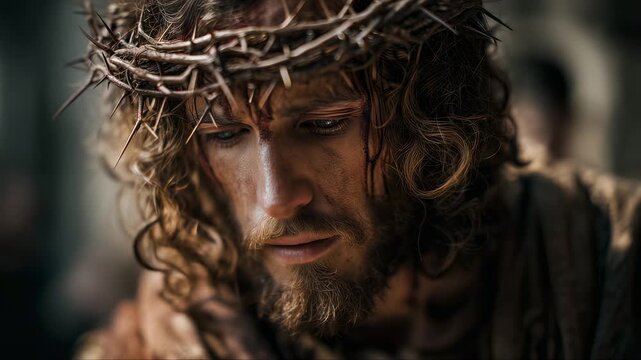 A dramatic close-up of Jesus Christ wearing the crown of thorns. A realistic portrait showing suffering and contemplation. The Passion of Christ and the story of Easter