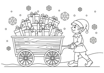 Christmas Elf Pulling Wagon Full of Gifts in Snow