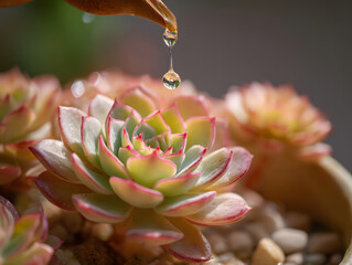 Succulent plant with pink edges surrounded by pebbles, water droplet falling onto leaf, close up, natural light, calm and fresh atmosphere