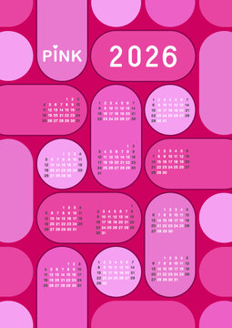 2026 Retro Very Pink Year Calendar Vector - Retro mid-century style pink and magenta round capsules US year calendar.