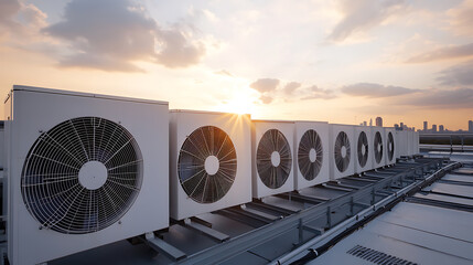 Air Conditioning Units on a Rooftop at Sunset. This industrial cooling solution provides essential climate control. The installation showcases efficient technology.