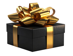 Elegant Black Gift Package with Glossy Golden Bow for Festive Celebration PNG