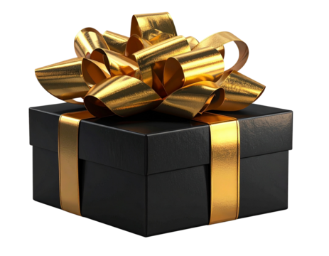 Elegant Black Gift Package with Glossy Golden Bow for Festive Celebration PNG