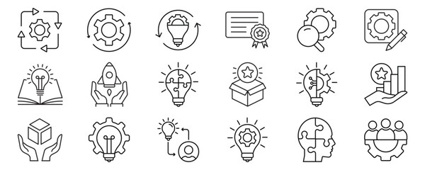 Innovation icon set. Containing idea, invention, creativity, concept, startup, agile, prototype, process, visionary and more. Outline icons vector collection.