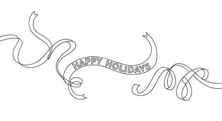 Elegant single line drawing of a flowing ribbon with the words happy holidays written on it against a white background