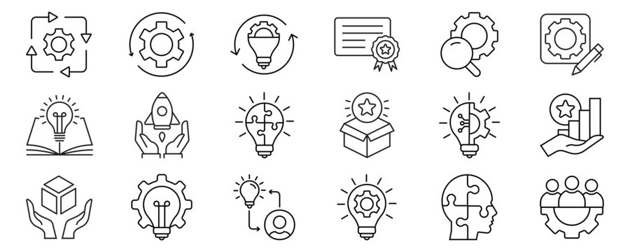 Innovation icon set. Containing idea, invention, creativity, concept, startup, agile, prototype, process, visionary and more. Outline icons vector collection.