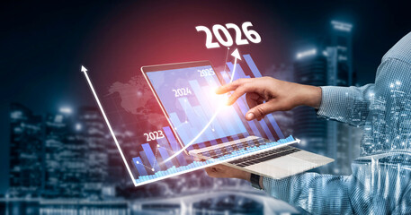 Innovative illustration of a hand interacting with a touchscreen laptop showing financial growth...