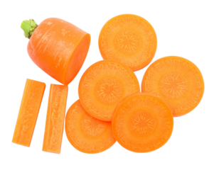 Assorted Carrot Forms – Whole, Peeled, and Sliced – Arranged Together on White Background