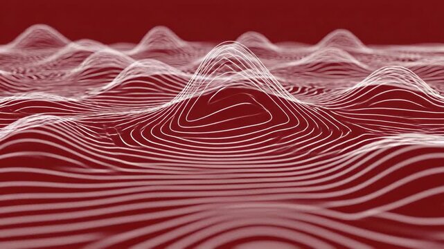 Abstract digital pattern of white undulating lines on a vibrant red background, depicting waveform visualization, sound frequencies, or advanced technological aesthetics