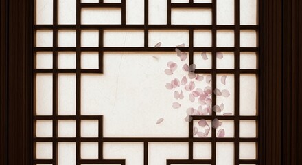 Traditional East Asian wooden lattice window screen with delicate pink cherry blossom sakura petals scattered on translucent white paper backdrop creating serene spring atmosphere