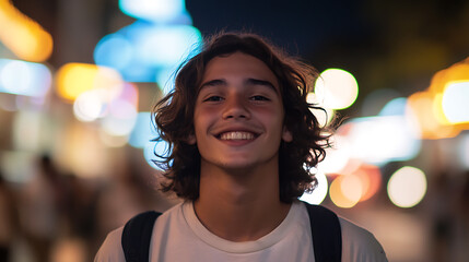 Portrait of a smiling young man with long brown hair, illuminated by city lights, creating a vibrant, blurred background. Wearing a white shirt and backpack. 175 char