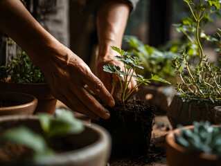 Hands gently tending to small green plant in pot, surrounded by various indoor potted plants, natural light, peaceful and nurturing atmosphere