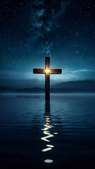 wooden cross standing in calm water, “Light Over the Waters