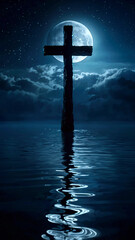 wooden cross standing in calm water, “Light Over the Waters