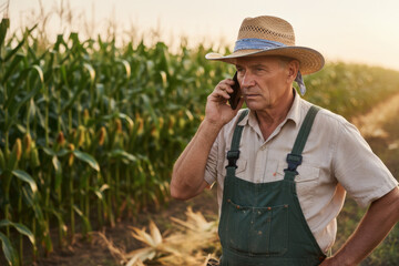 Senior farmer talking on a smartphone in a cornfield at sunset. Mature agricultural worker using technology for farm business