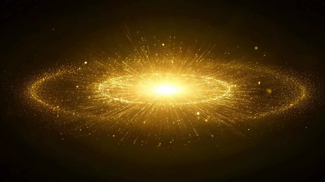 Majestic golden particle ring rotating and exploding from a central light. Abstract cinematic galaxy or big bang energy background.