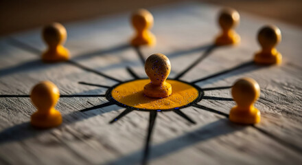 Business network connection concept with wooden figures and line connections