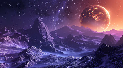 Alien planet landscape with glowing planet and starry sky extraterrestrial space