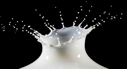 Milk splash photography on black background for dairy product advertising