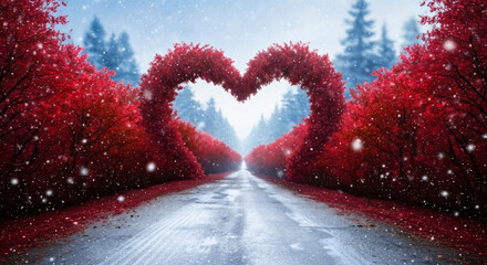 Heart shaped tree tunnel romantic winter landscape love valentine's day art