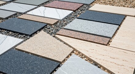 Fototapeta premium Assortment of stone tiles in varied colors and textures, arranged on gravel