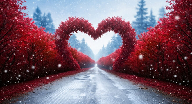 Heart shaped tree tunnel romantic winter landscape love valentine's day art - Powered by Adobe