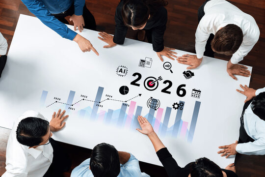 Bar graphs, charts, and number 2026 with AI and data analysis icons symbolizing future business innovation and analytics Parse