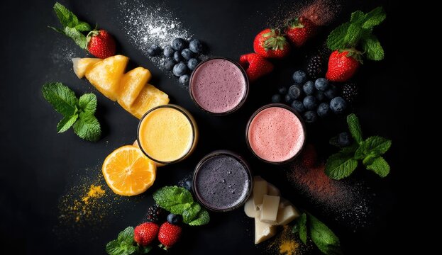 Four colorful smoothies, surrounded by fresh fruit, herbs, and spices, on a dark background