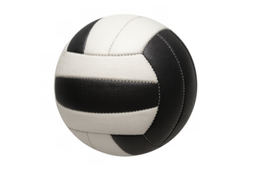 Volleyball ball standing, a black and white leather sports equipment for indoor and outdoor competition, transparent background