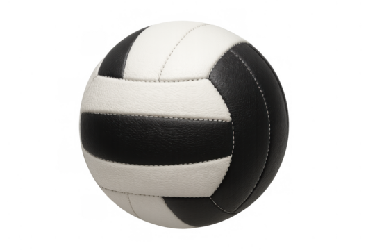 Volleyball ball standing, a black and white leather sports equipment for indoor and outdoor competition, transparent background