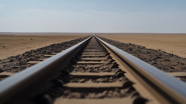 A desolate expanse. Train tracks stretch towards the horizon, a stark contrast against the arid landscape. The rails disappear into the vastness of the desert.