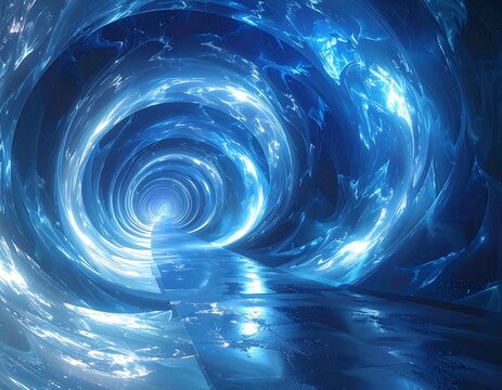 Luminescent tunnel of vibrant blue light leading to an unknown destination