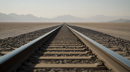 A starkly beautiful railroad track stretches across a desolate landscape, vanishing into the hazy horizon beneath distant, silhouetted mountains. Serene, yet powerful.
