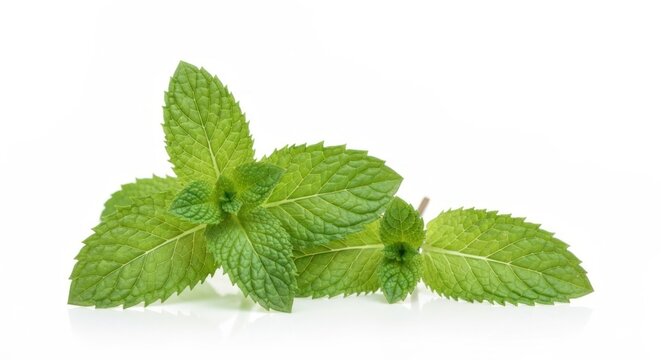 Fresh, vibrant green sprigs of a leafy herb against a clean white backdrop